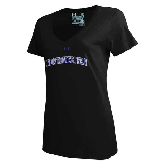 Northwestern University Wildcats Under Armour Ladies Black Charged Cotton V-Neck Tee Shirt with Printed Arched Northwestern Design