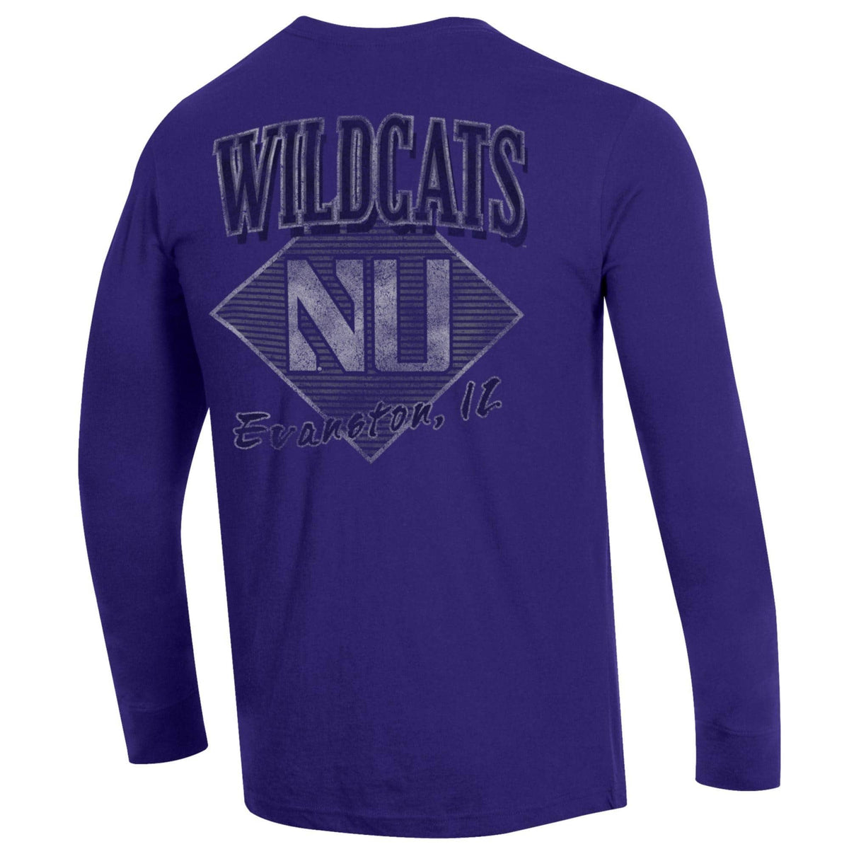 Northwestern University Wildcats Men's Champion Purple Long Sleeve Tee Shirt with Three Location Faded Print -Back