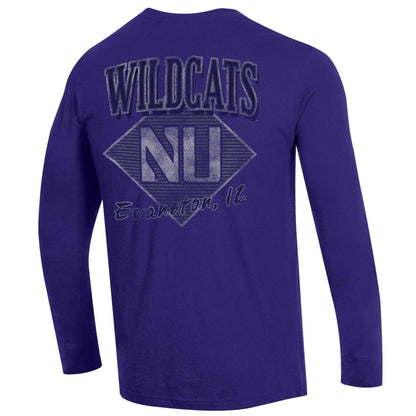 Northwestern University Wildcats Men's Champion Purple Long Sleeve Tee Shirt with Three Location Faded Print -Back