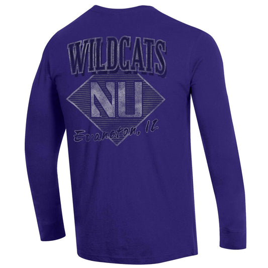 Northwestern University Wildcats Men's Champion Purple Long Sleeve Tee Shirt with Three Location Faded Print -Back