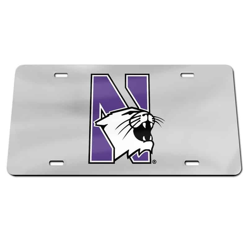Northwestern Wildcats Thick Mirrored Acrylic License Plate with Multicolor N-Cat Design