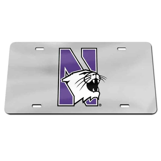 Northwestern Wildcats Thick Mirrored Acrylic License Plate with Multicolor N-Cat Design