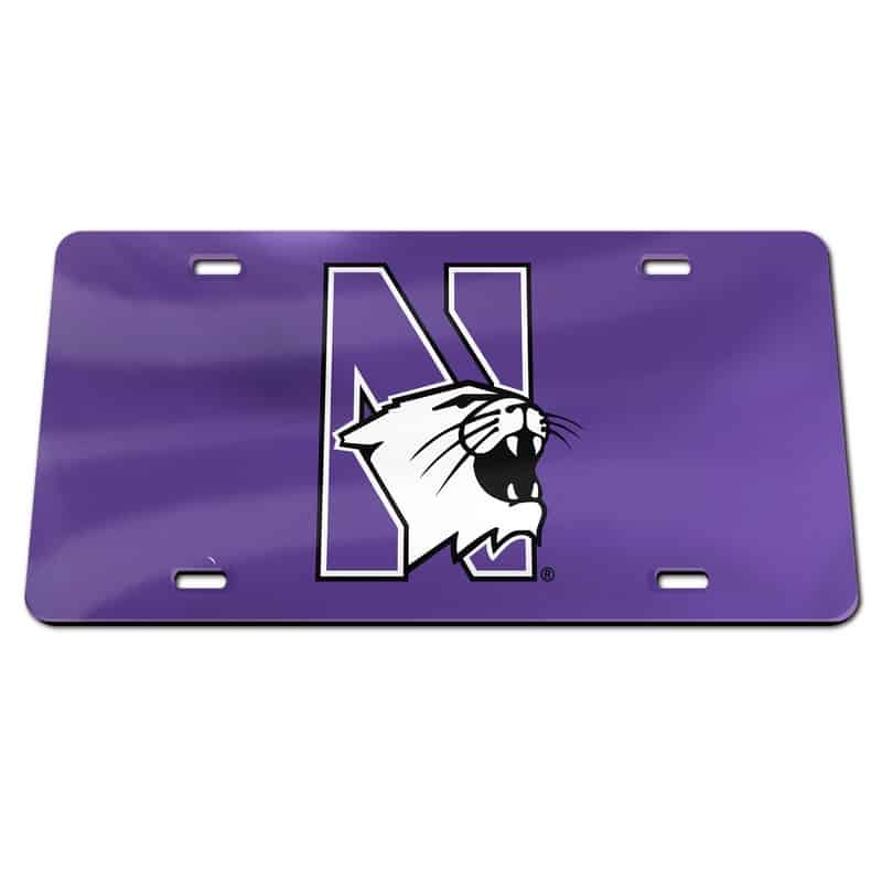 Northwestern Wildcats Thick Purple Mirrored Acrylic License Plate with N-Cat Design