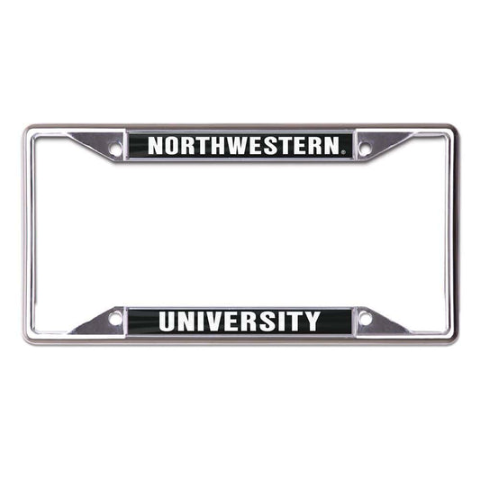 Northwestern University Wildcats Chrome License Plate Frame with Laser Cut Acrylic Black Insert with Northwestern / University Mirror White Insert