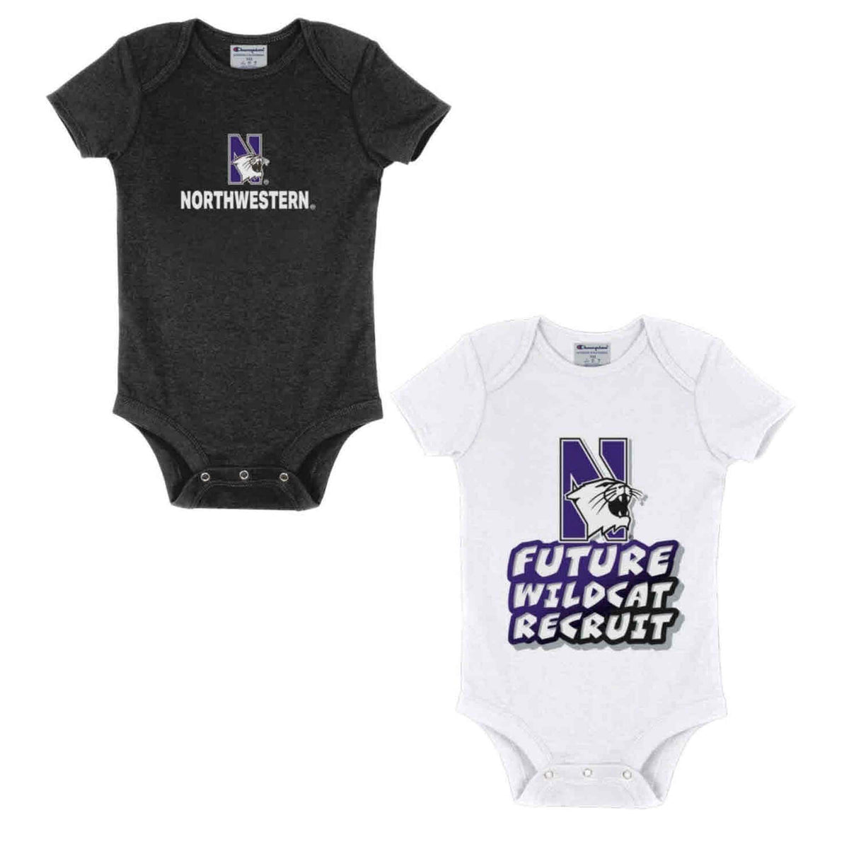 Northwestern University Wildcats Infant 2-Pack Bodysuit Onesie Set with Black N-Cat over Northwestern | White Wildcats Recruit