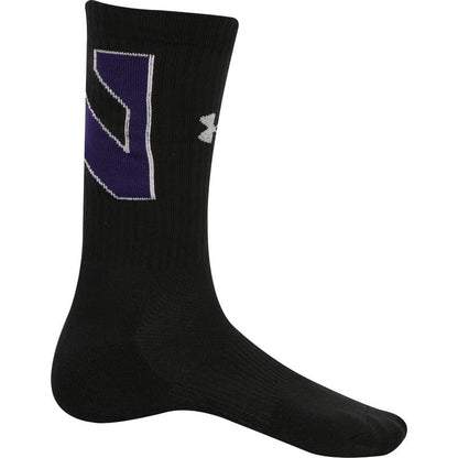Northwestern University Wildcats Adult Under Armour Black Crew Sock With Oversized Stylized N Design