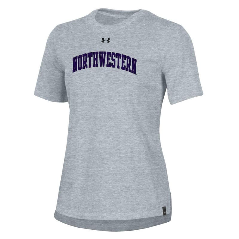 Northwestern University Wildcats Ladies Under Armour Steel Heather Performance Cotton Short Sleeve Tee With Northwestern Arch Design