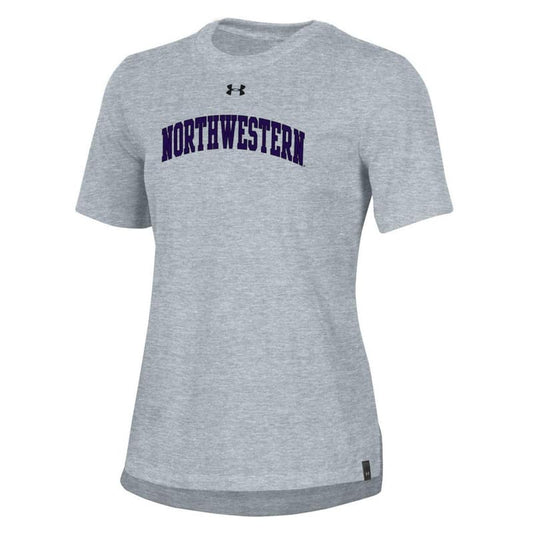 Northwestern University Wildcats Ladies Under Armour Steel Heather Performance Cotton Short Sleeve Tee With Northwestern Arch Design