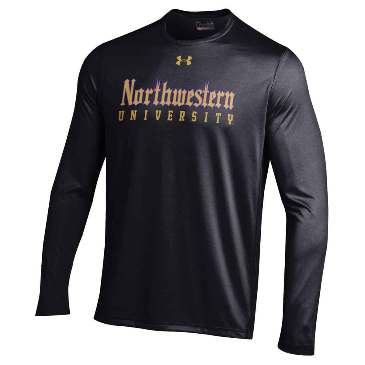 Northwestern Wildcats Men's Under Armour Tactical Tech™ Black Long Sleeve T- Shirt with Northwestern University Gothic Design