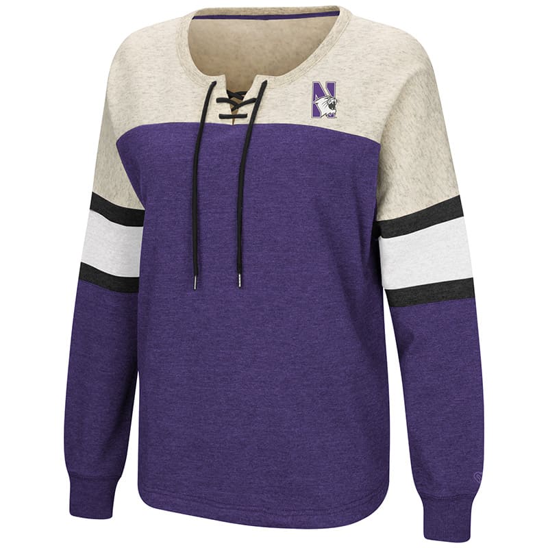 Northwestern University Wildcats Colosseum Ladies Purple/Heather Grey  Become Great Oversized Lace Up P/O with