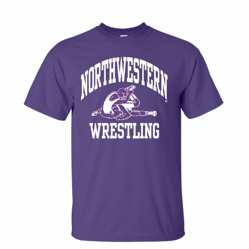 NU Wildcats Purple Short Sleeve Tee Shirt with Wrestling Design