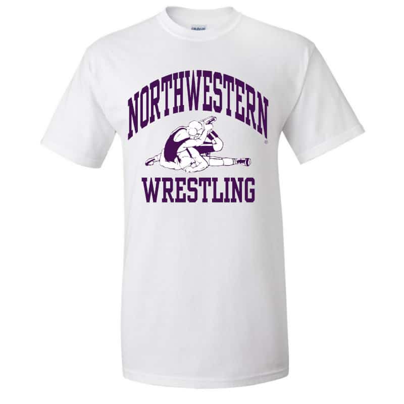 NU Wildcats White Short Sleeve Tee Shirt with Wrestling Design