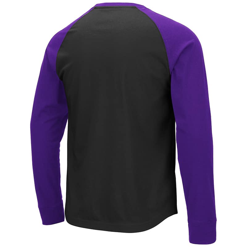 Northwestern University Wildcats Colosseum Men's Black/Purple Raglan  Baseball L/S T-Shirt with Stylized N-Cat Design