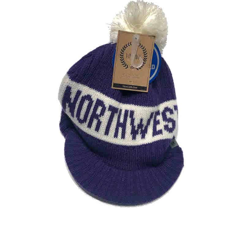Northwestern University Wildcats Adult Purple Old Fashioned Pom Knit Hat  With a Visor