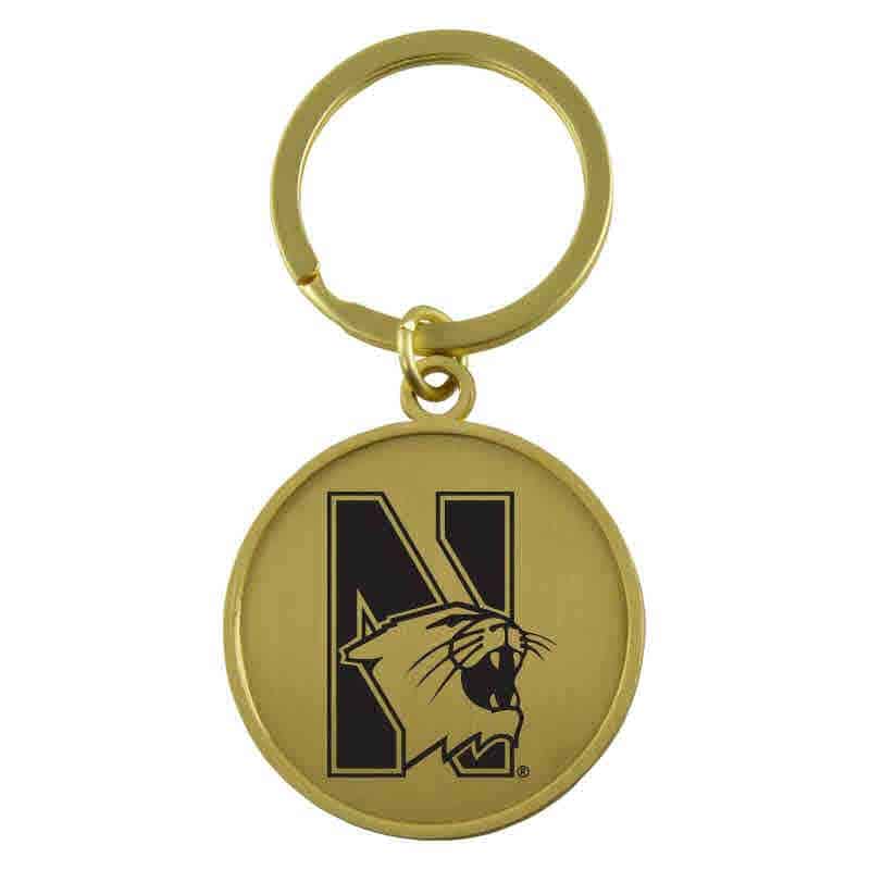 Northwestern University Wildcats Laser Engraved Gold Circular Contemporary Metal Keychain with N-Cat Design