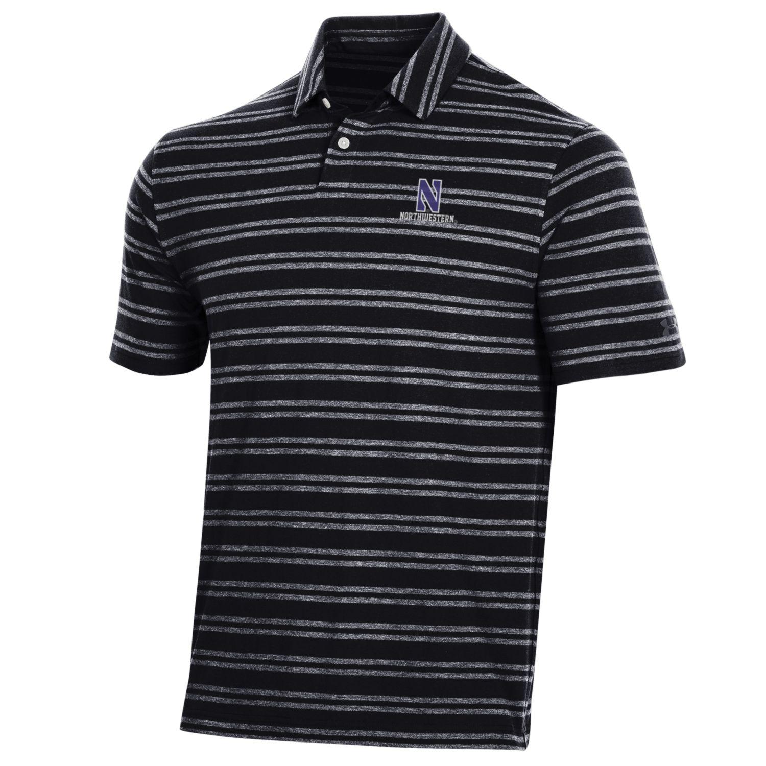 Northwestern University Wildcats Men’s Under Armour Charged Cotton Stripe  Polo in Black
